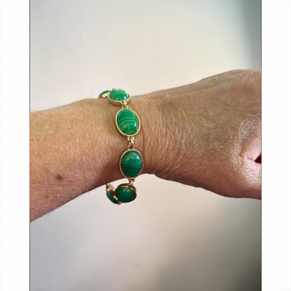 Signed Vintage Gold Tone Green Malachite Glass Cabochon Link Bracelet 7.5”